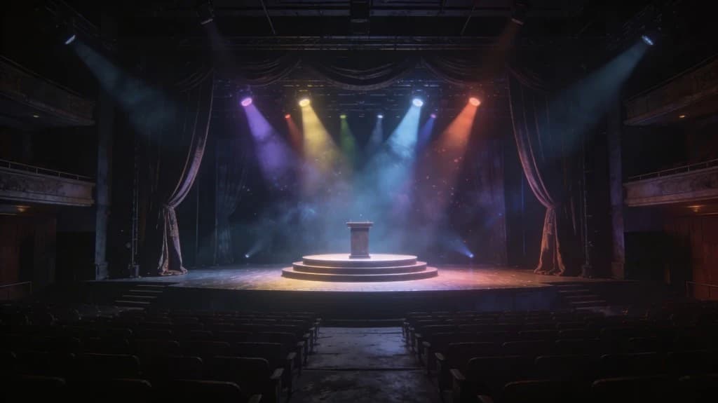 Scène de théâtre vide, estrade centrale et projecteurs colorés dans la fumée, vue depuis la salle