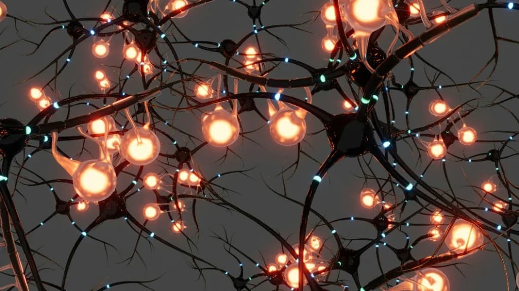 Réseau de neurones stylisé, nœuds lumineux orange et impulsions cyan sur fond sombre